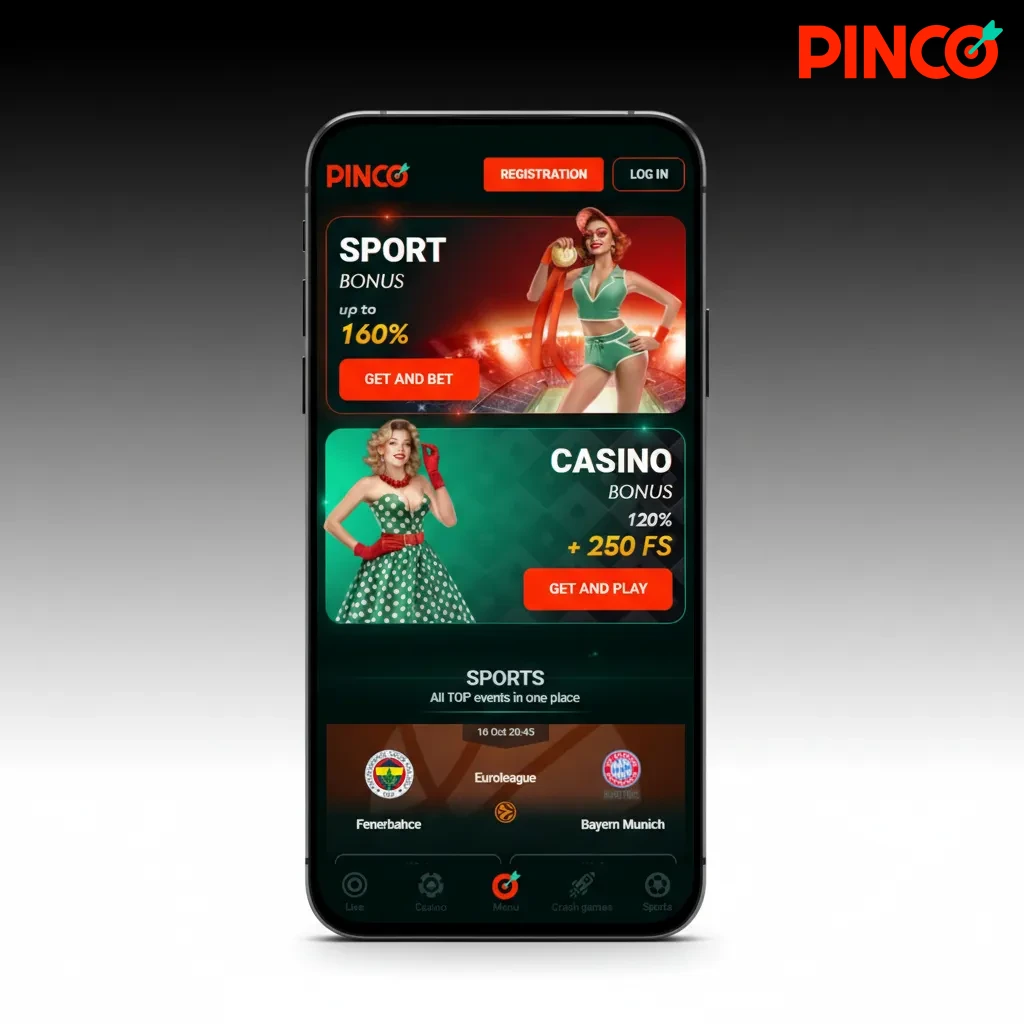 Pinco app screen with clean UI and bottom tabs: Sports, Live, Casino, Cashier; two-tap access to markets and top slots.