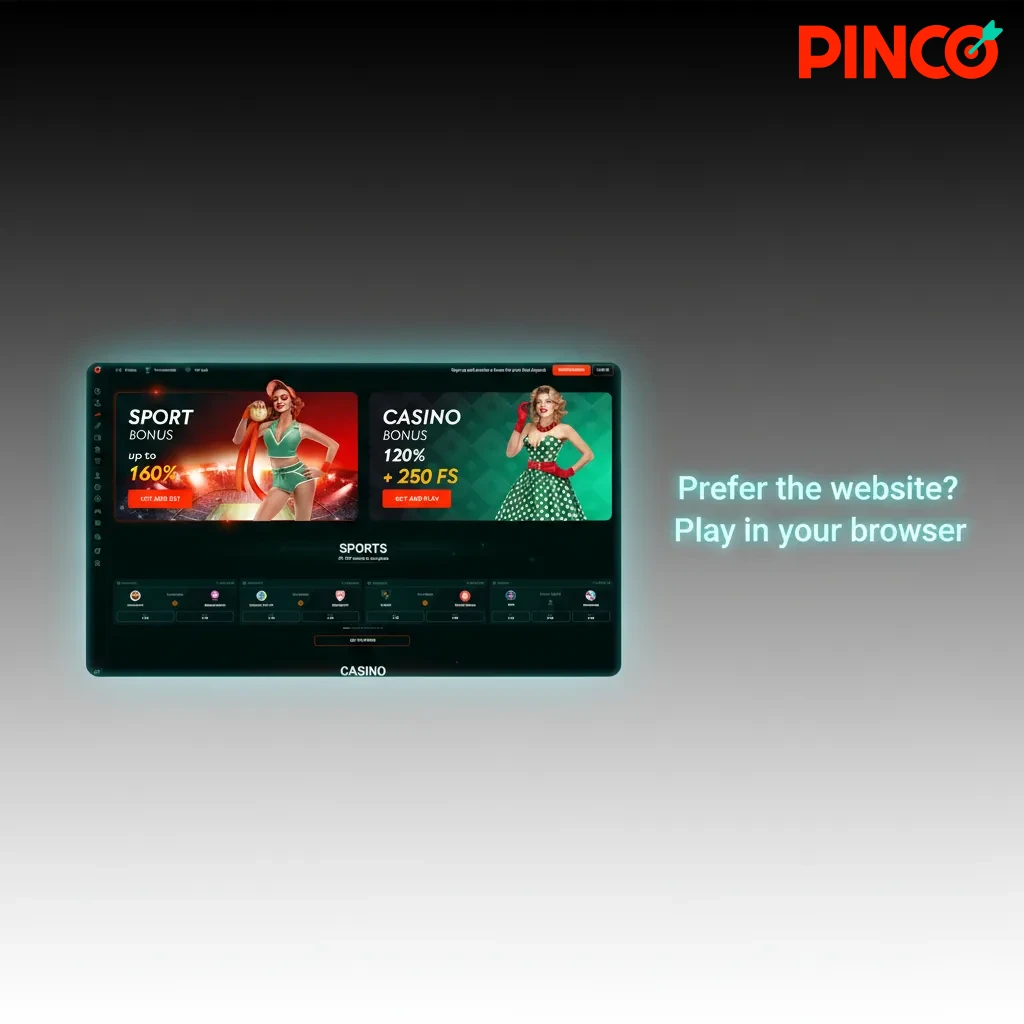 Pinco platform shown in a web browser on a laptop, highlighting betting, casino, banking, and support—no app required.