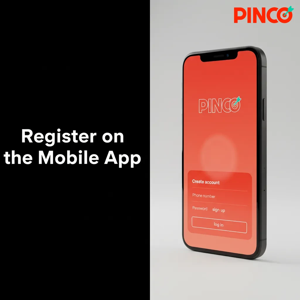Phone displaying Pinco app registration with options for email/phone, biometrics, push alerts, and 2FA setup.