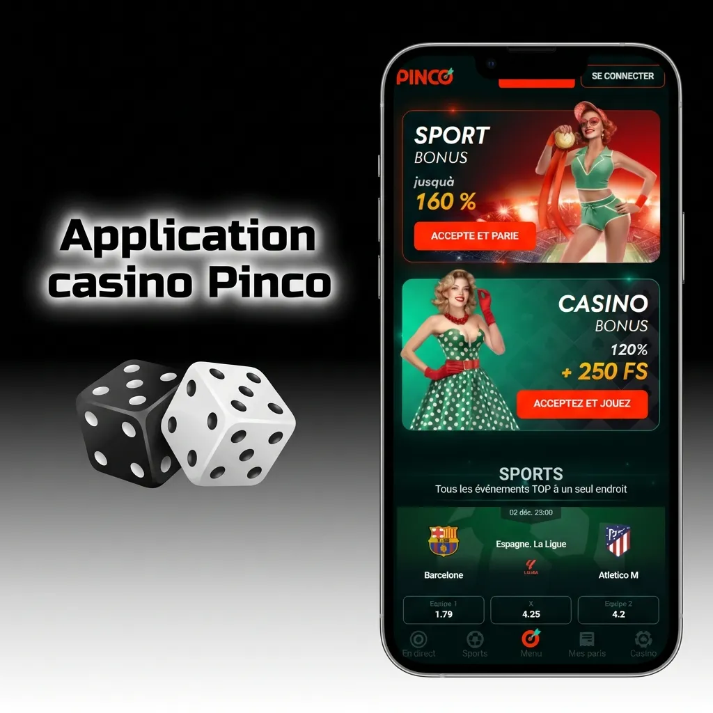 Pinco casino app interface showing slots, live dealer games, and quick access to table games and sports betting