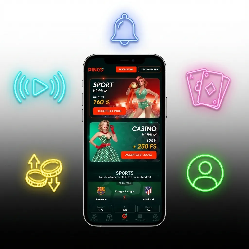 Pinco mobile app interface showing casino games, sports betting options, and payment features on iOS device