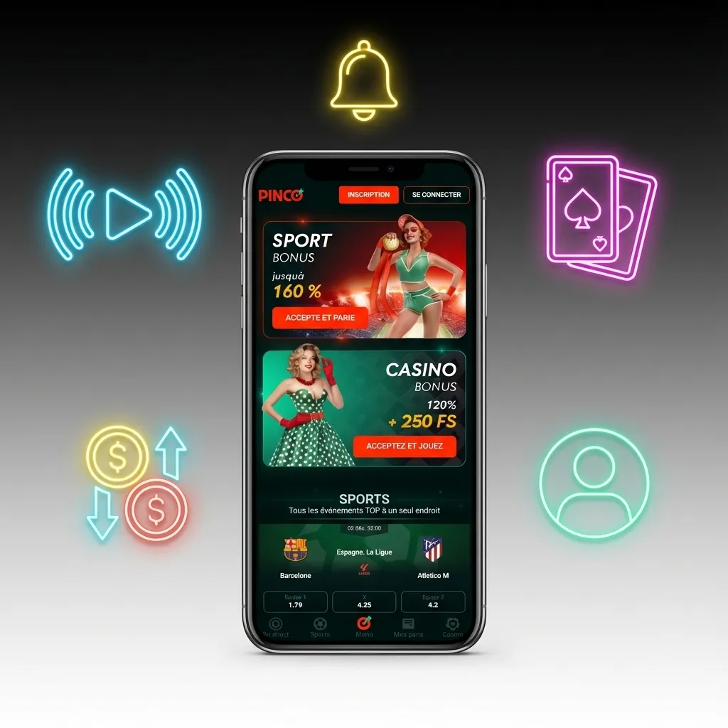 Pinco mobile app interface showing betting, casino games, and account management features on smartphone screen