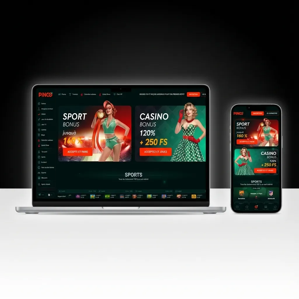 Interface du site Pinco avec barre de navigation, menu sports latéral, et panneau de paris en direct