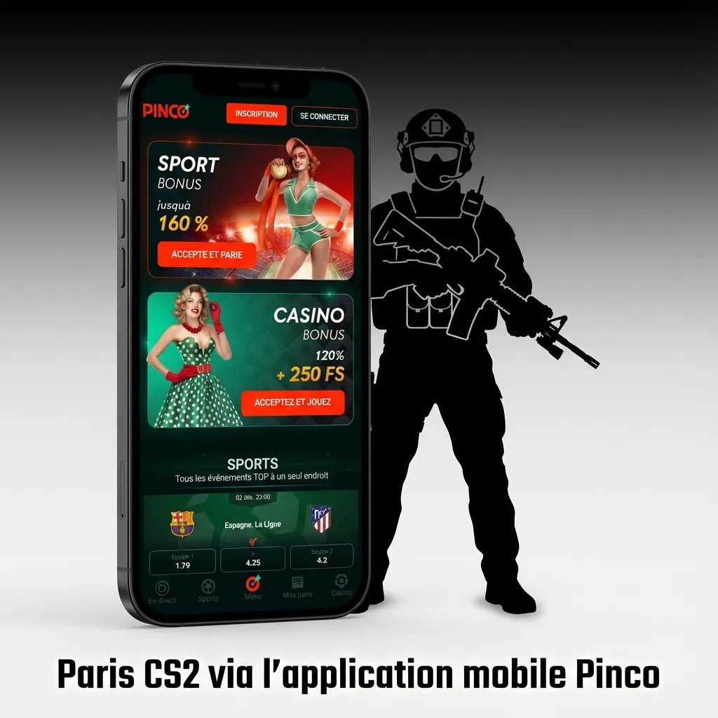 Mobile app interface showing CS2 betting options on Pinco platform with navigation menu and live betting features