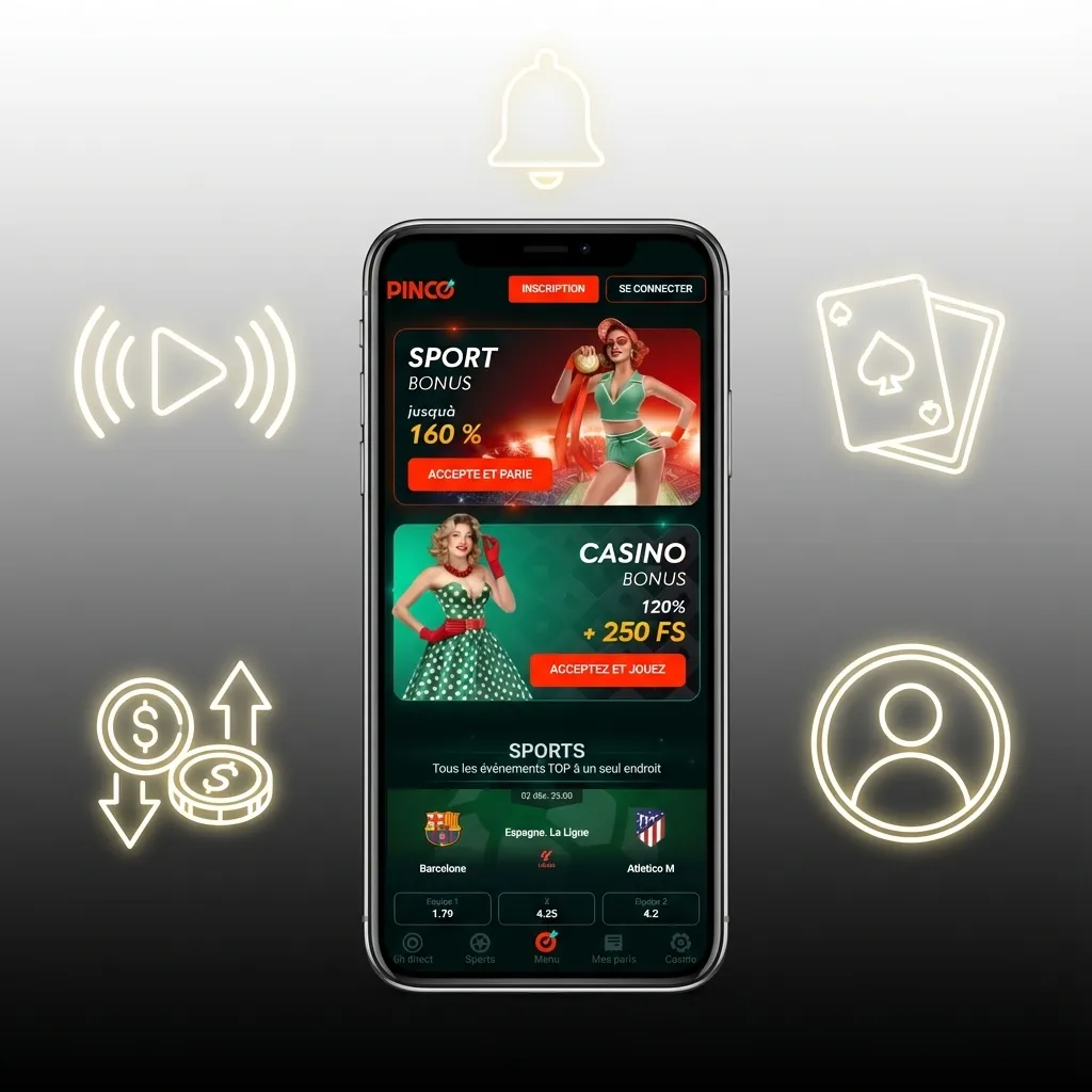 Pinco mobile app interface showing live betting, casino games, deposit options, and account management features