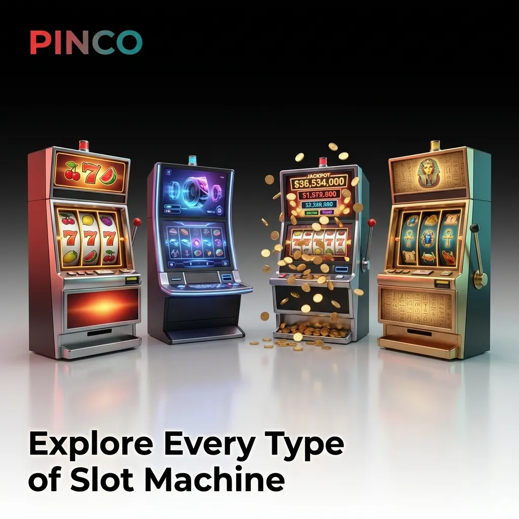 Colorful slot machine reels displaying various game types including classic, video, Megaways, and jackpot slots