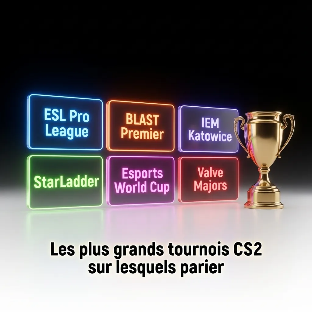 Logos des principaux tournois CS2 professionnels incluant ESL Pro League, BLAST Premier et IEM Katowice