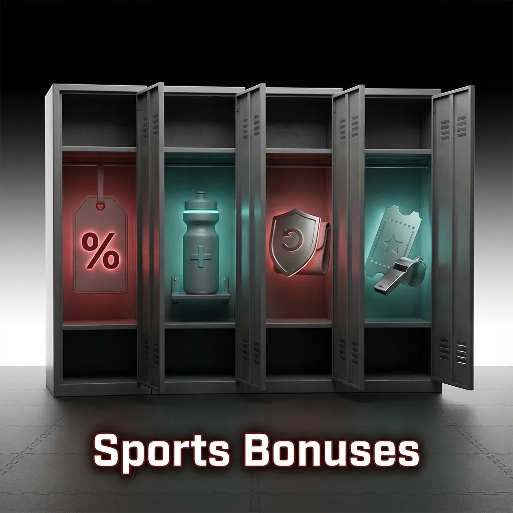 Sports betting bonuses including welcome offer, accumulator boosts, risk-free bets, live cashback, and cricket promotions.