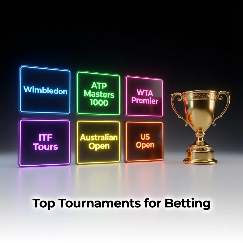 Tennis racket and ball on court with tournament banners showing Grand Slam and professional tour events