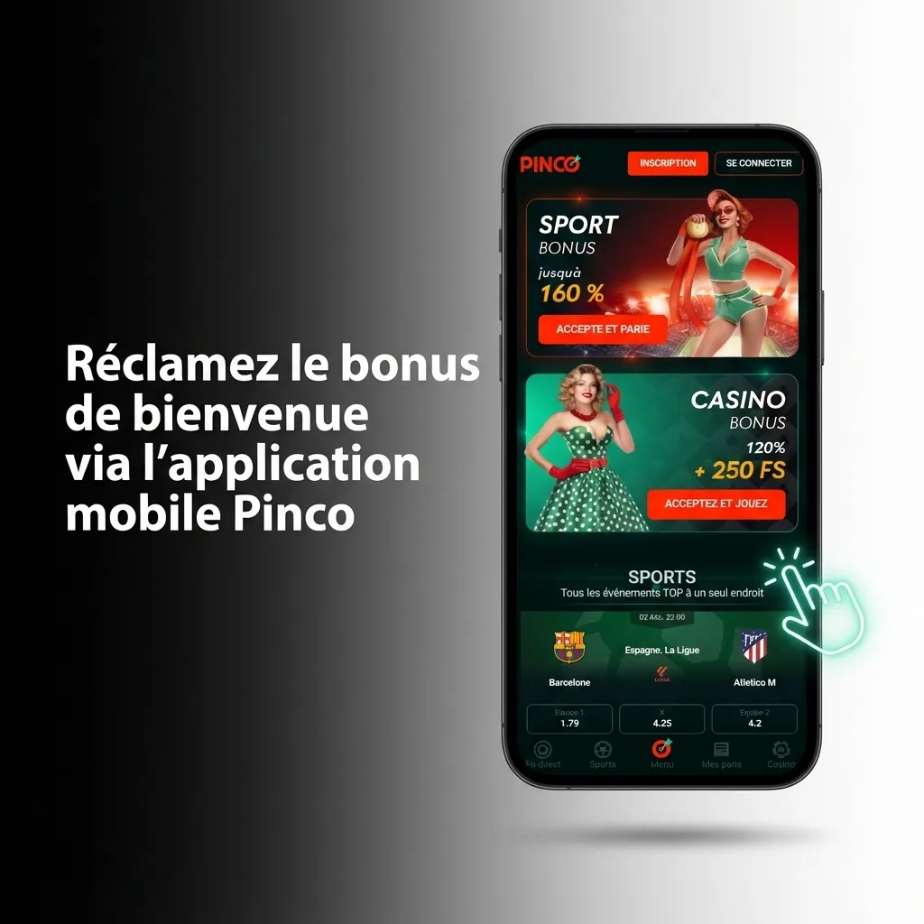 Mobile phone displaying Pinco casino app interface with welcome bonus claim process and deposit options