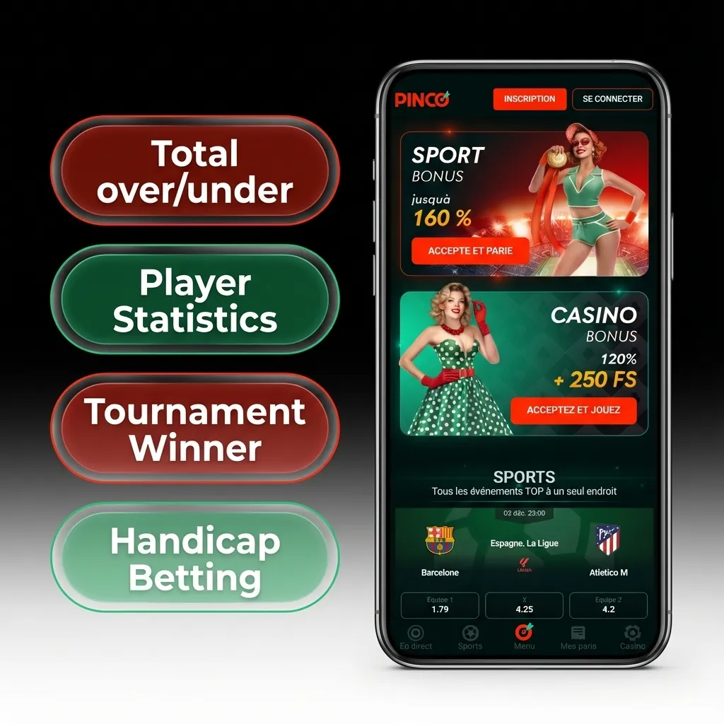 Interface de l'application Pinco montrant les différentes options de paris: simple, combiné, système, en direct et handicap