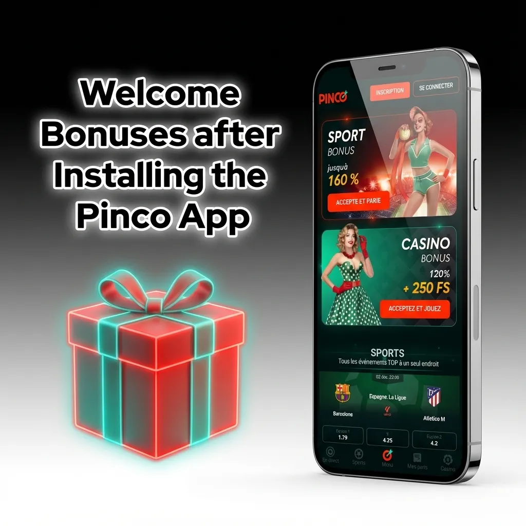 Pinco app welcome bonuses showing 120% casino bonus up to C$7,500 plus 250 free spins and 160% sports betting bonus offer